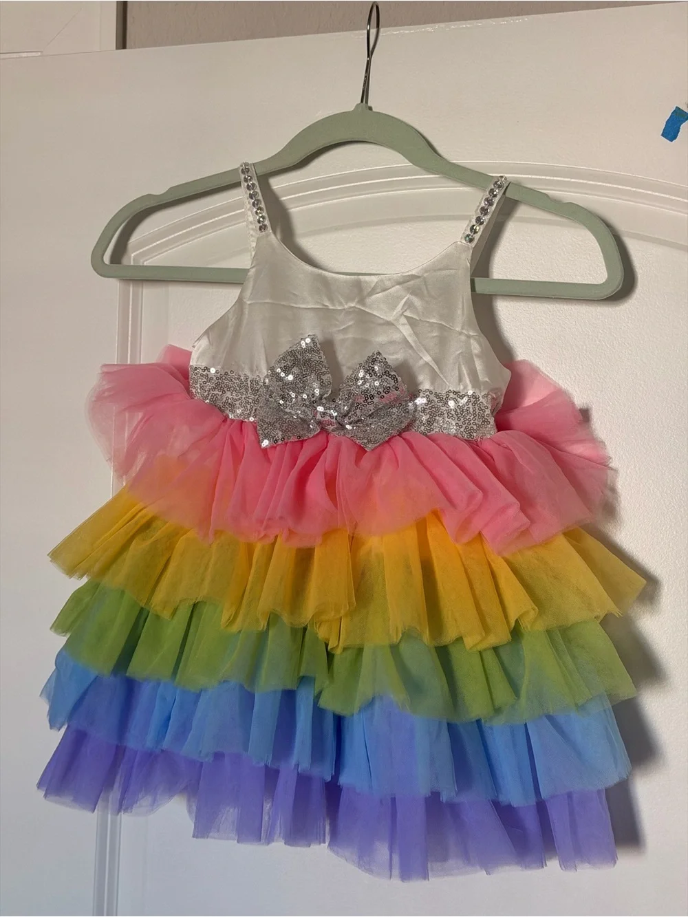 Lola + The Boys White Rainbow Tulle Dress with Silver Sequin Bow